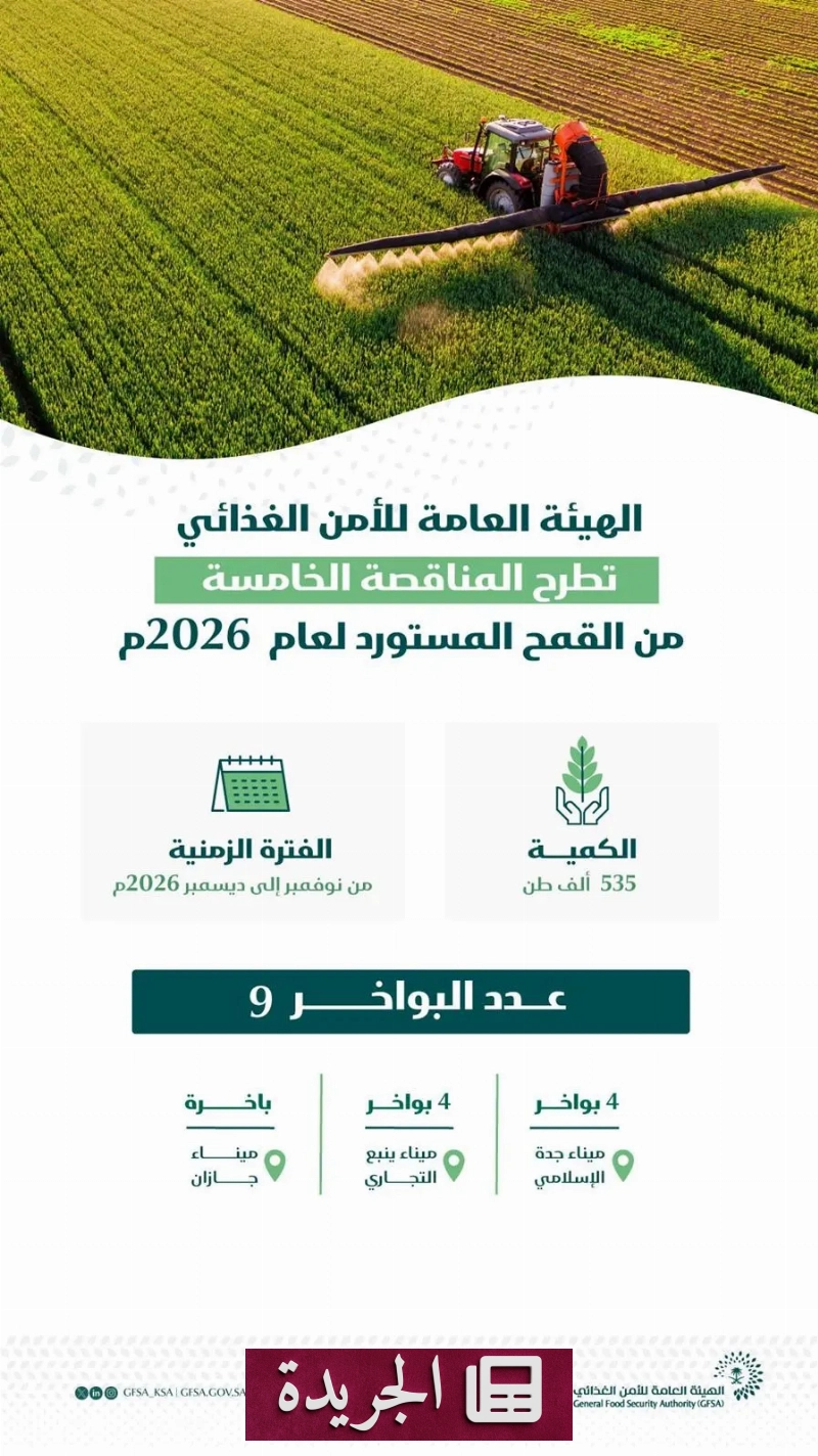 الهيئة العامة للأمن الغذائي تطرح مناقصة استيراد 535 ألف طن قمح - آخر الأخبار - الجريدة