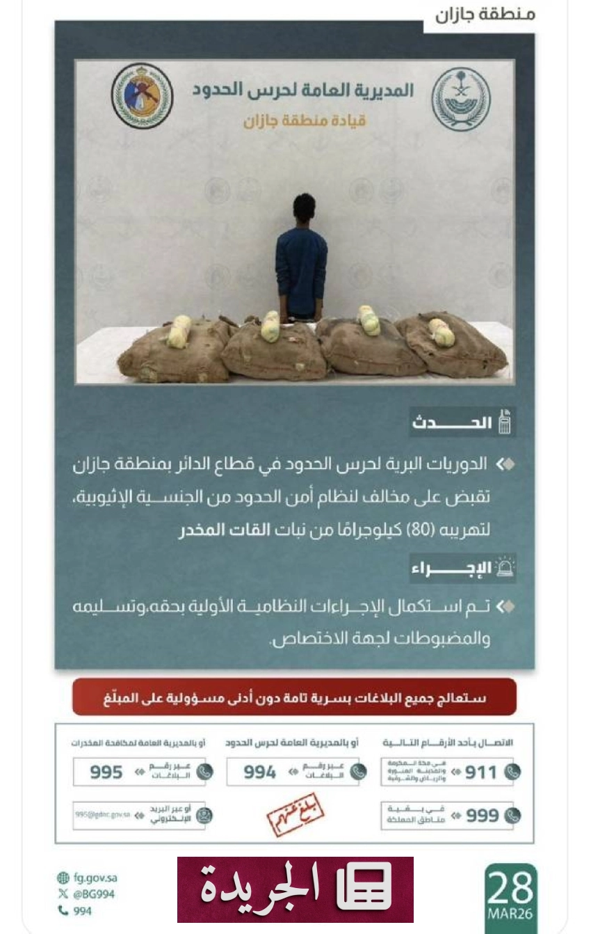 اعتقال مهرب يحاول تهريب 80 كيلوجراما من القات عبر الحدود الجنوبية - أخبار أونلاين