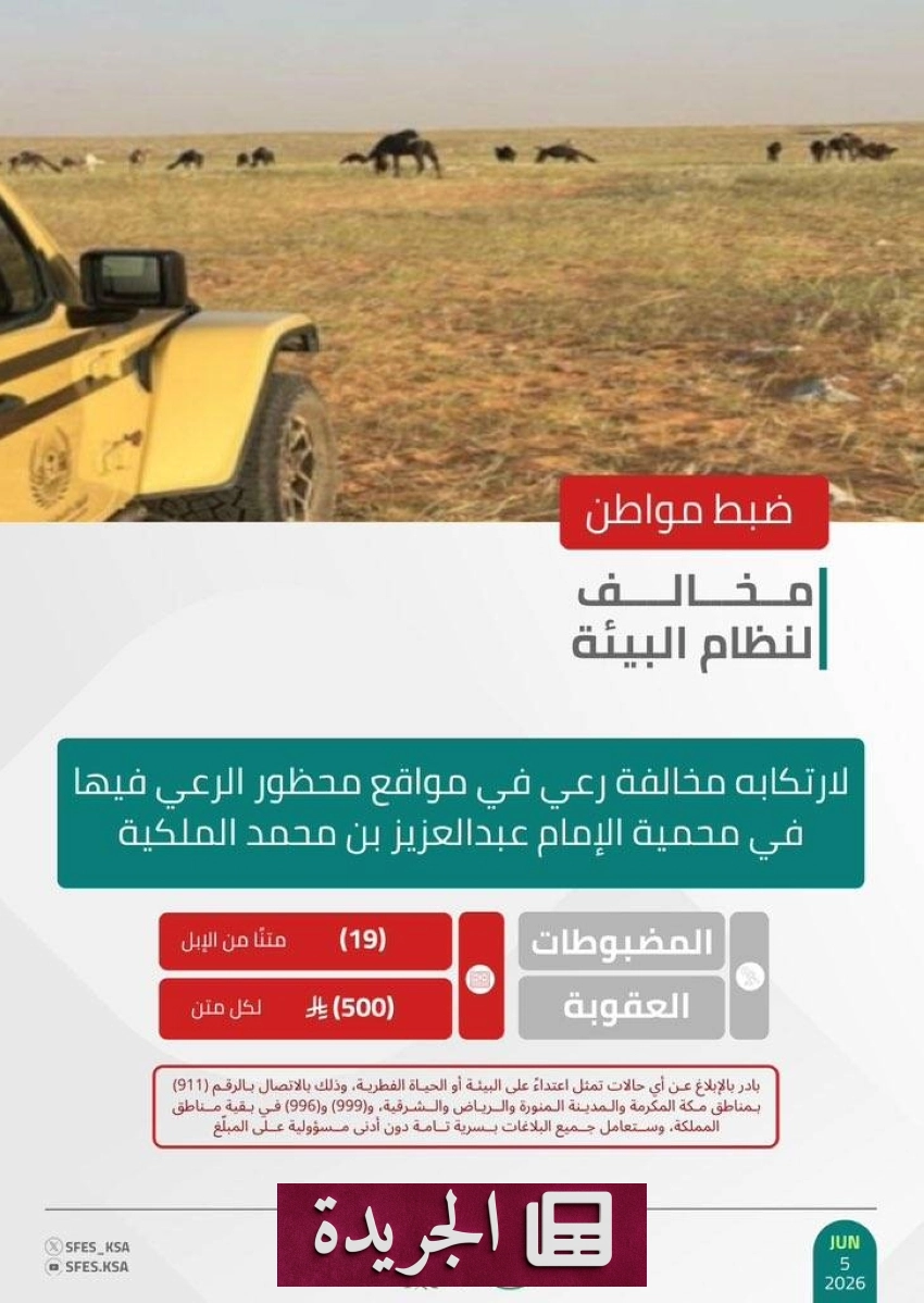 القوات الخاصة للأمن البيئي تضبط مخالفًا رعى 19 من الإبل في محمية ملكية - آخر الأخبار - الجريدة