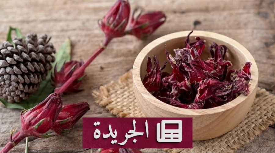 صورة لكوب من مشروب الكركديه الأحمر مع أوراق الكركديه المجففة بجانبه