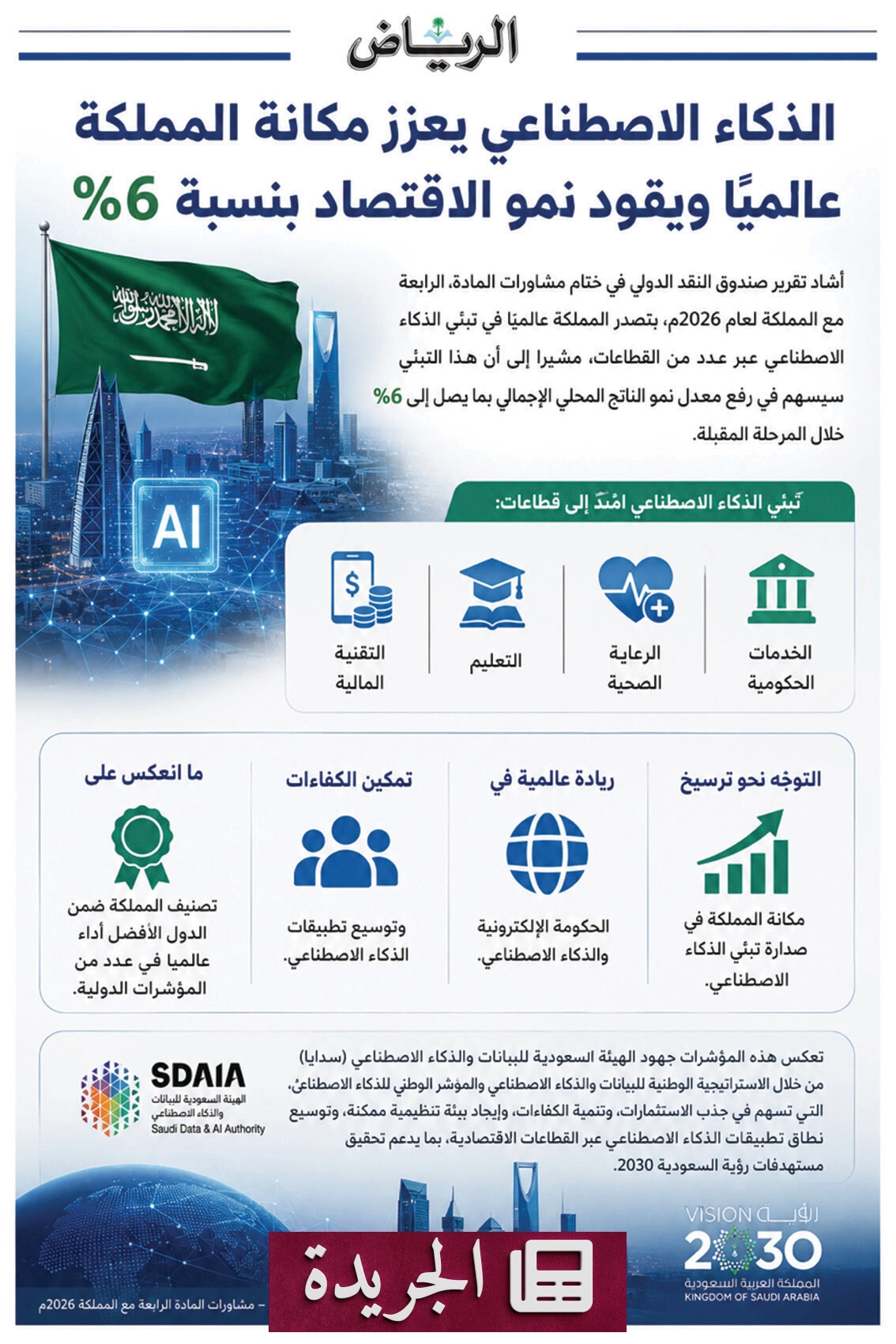 المملكة تتحول إلى رائدة عالمية في الذكاء الاصطناعي بفضل رؤية استراتيجية شاملة - آخر الأخبار - الجريدة