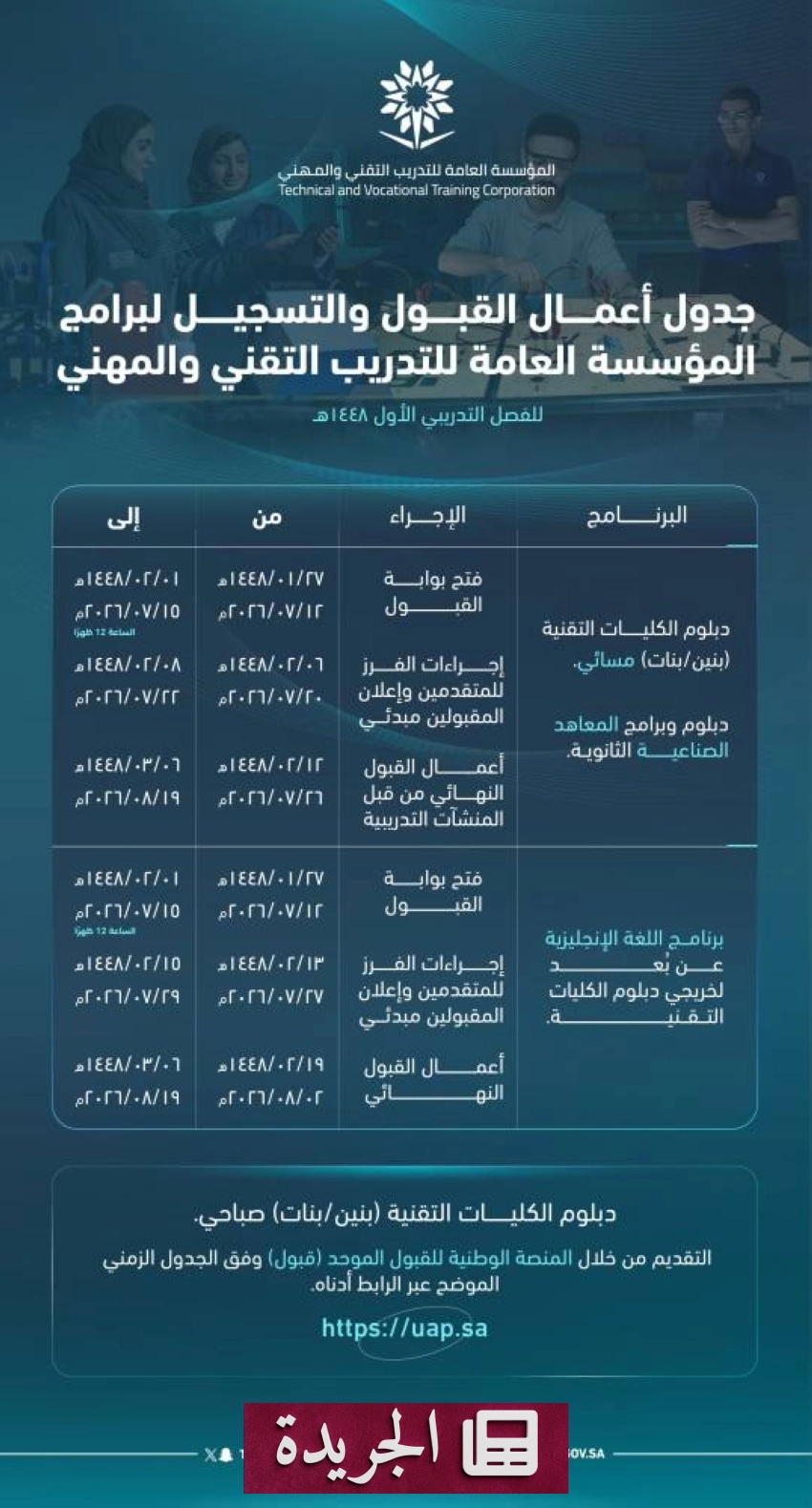المؤسسة العامة للتدريب التقني والمهني تعلن مواعيد القبول لخريجي الثانوية العامة - آخر أخبار الجريدة