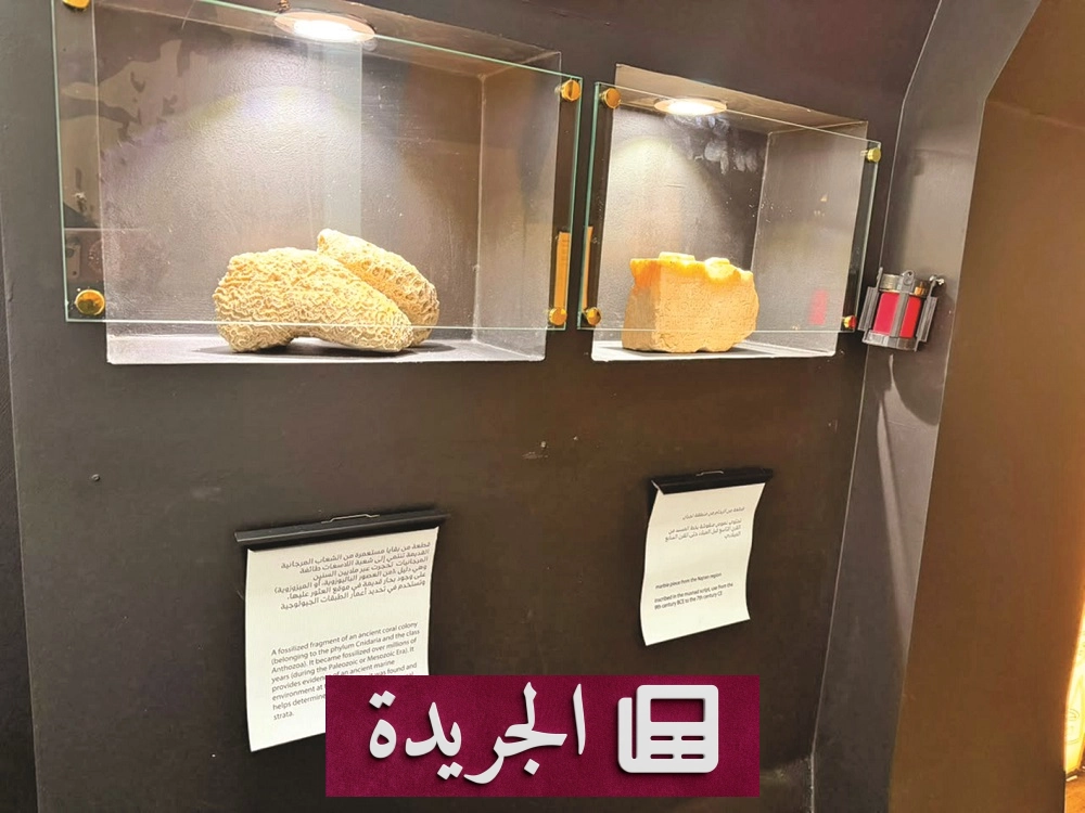 صورة تعرض قطعاً صخرية من معرض «من العلا إلى نجران» في مكتبة الملك فهد الوطنية، بما في ذلك شواهد قبور ونقوش تاريخية