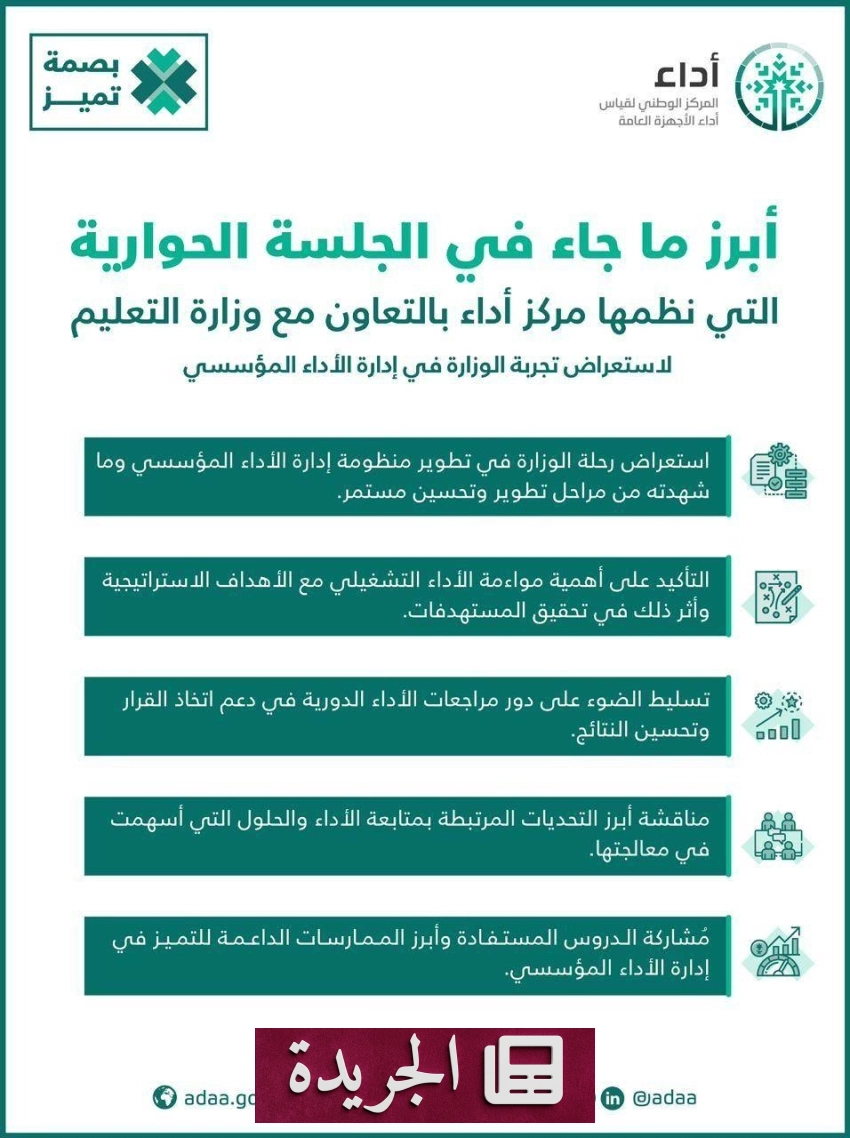 مركز أداء ينظم جلسة حوارية مع وزارة التعليم لتبادل الخبرات الإدارية - آخر الأخبار - الجريدة