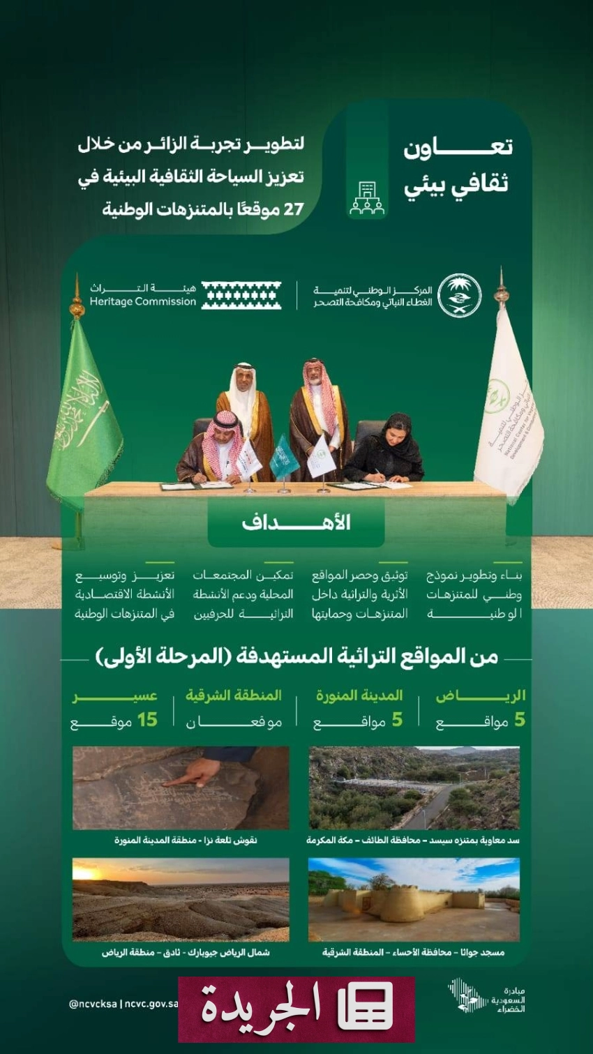 مركز تنمية الغطاء النباتي وهيئة التراث يوقعان مذكرة تعاون لتحويل المتنزهات الوطنية إلى وجهات ثقافية بيئية مستدامة - أخبار أونلاين