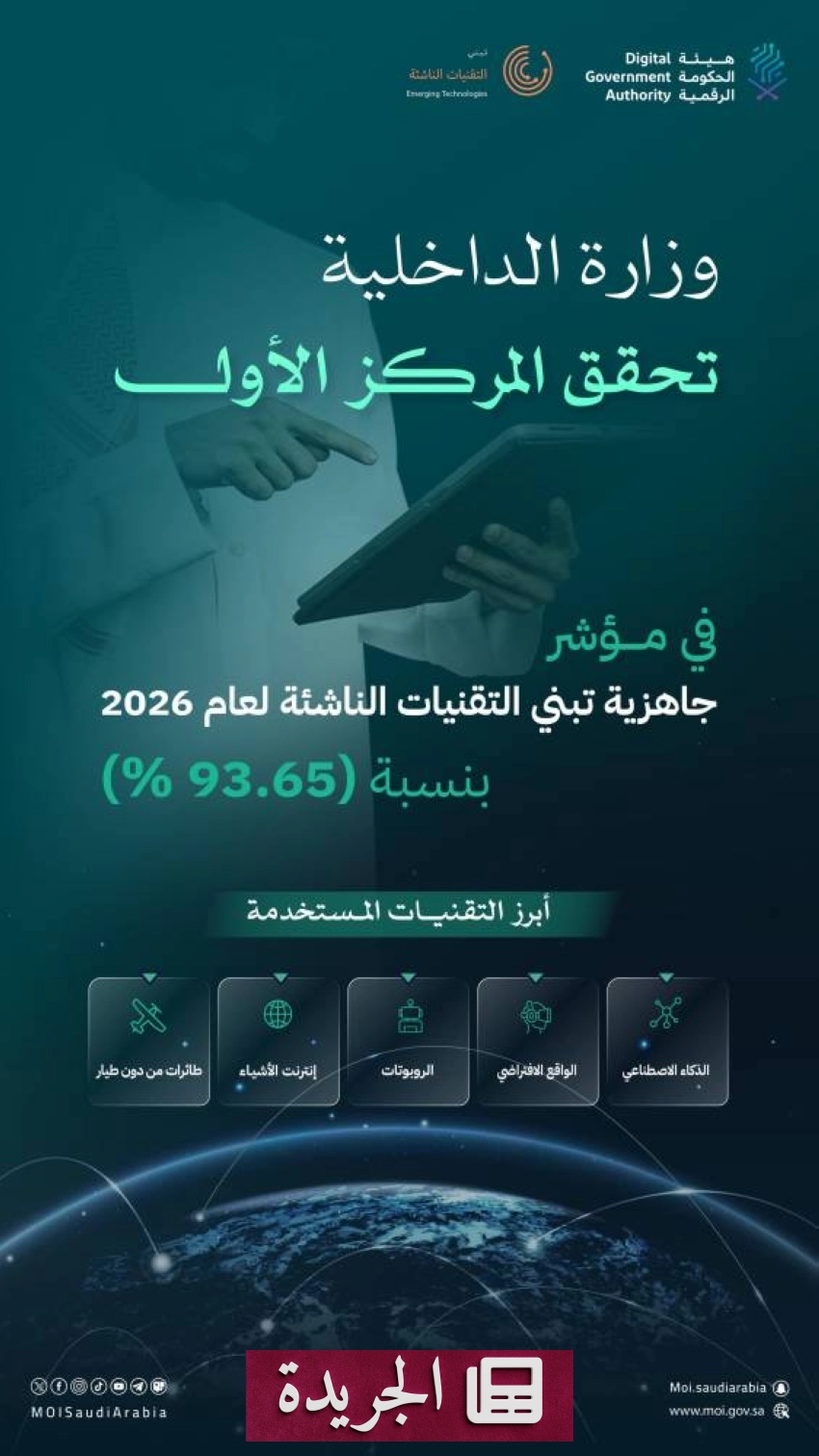 وزارة الداخلية تتصدر مؤشر جاهزية التقنيات الناشئة بنسبة قياسية - آخر الأخبار - الجريدة