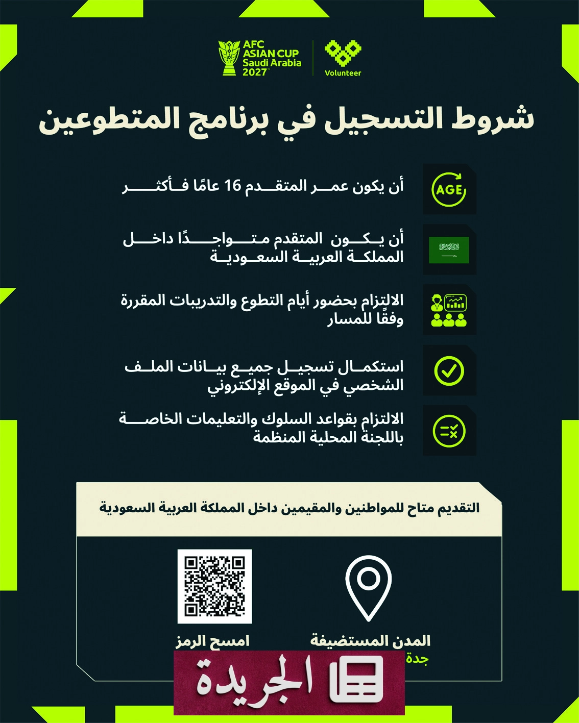 شروط التسجيل في برنامج المتطوعين لكأس آسيا 2027 بالمملكة - آخر الأخبار - الجريدة